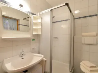 Badezimmer mit Dusche, Waschbecken und WC